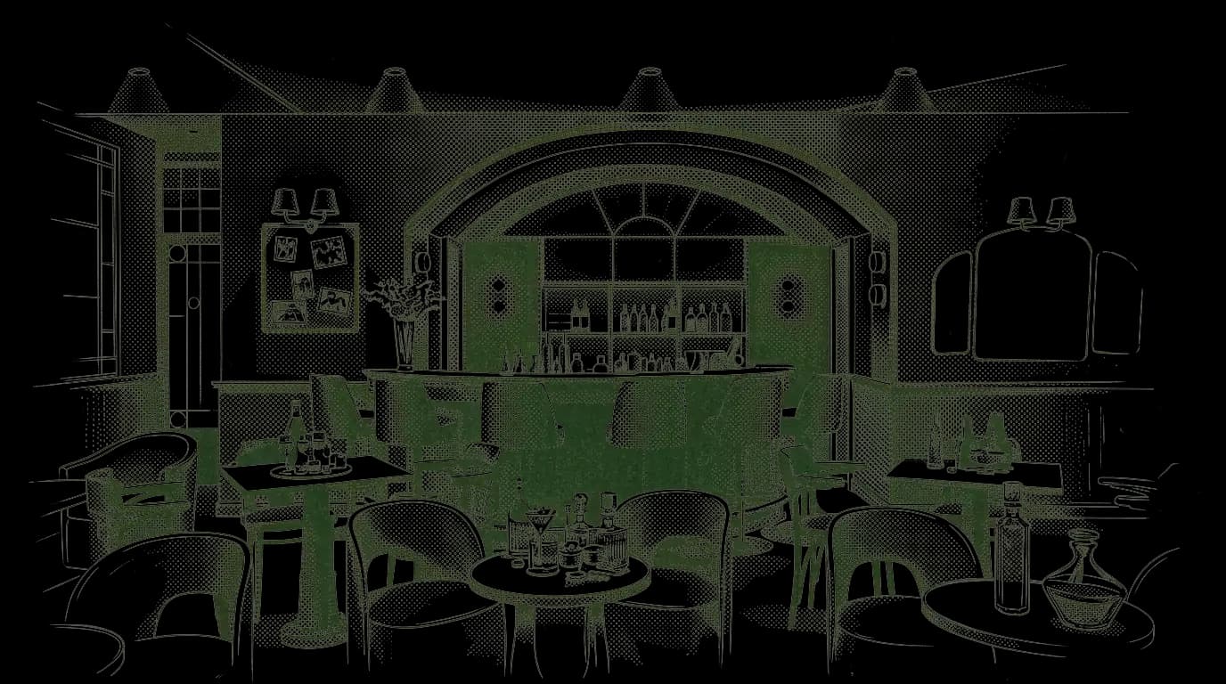 Engraved illustration of the lounge: an arched bar, deco lamps and low armchairs