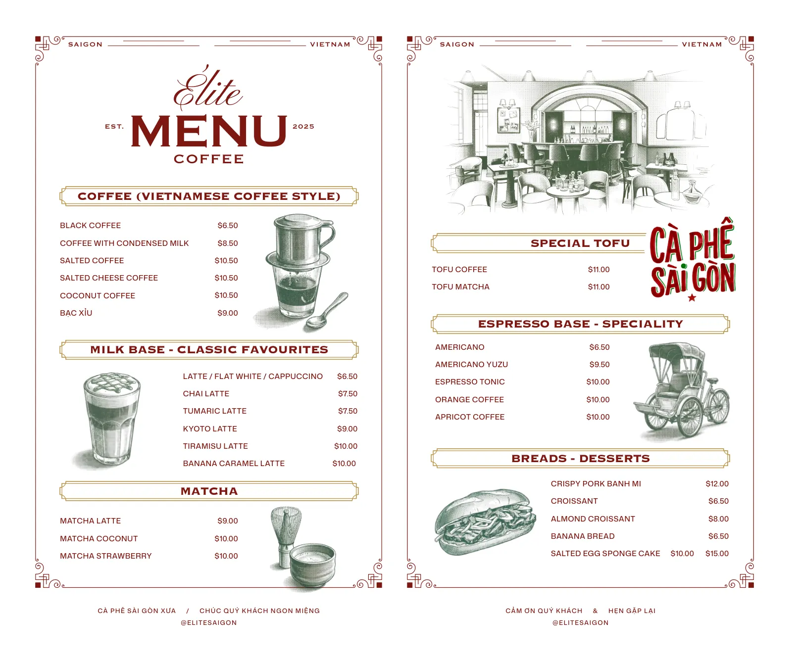 The café menu spread with engraved illustrations of a phin filter, latte, matcha and bánh mì