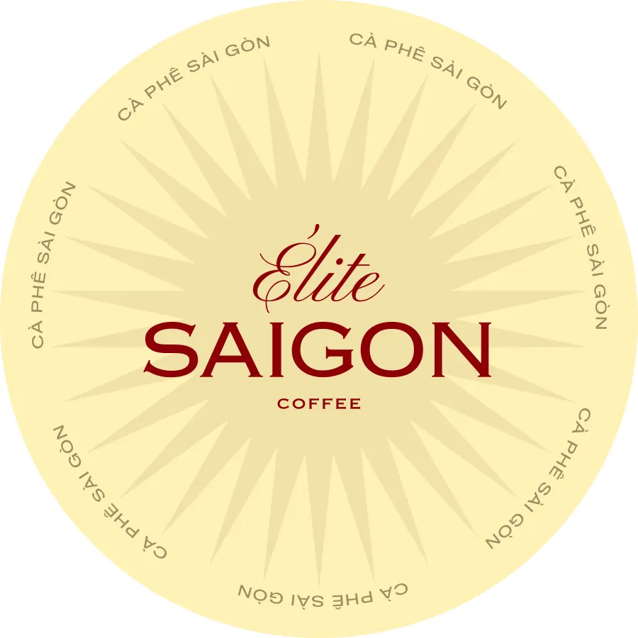 Round cream coaster with the Élite Saigon Coffee wordmark and a sunburst