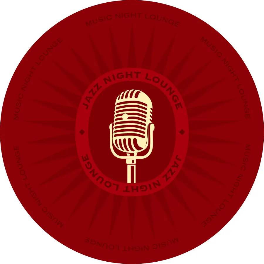 Round red coaster with a vintage microphone and 'Jazz night lounge'