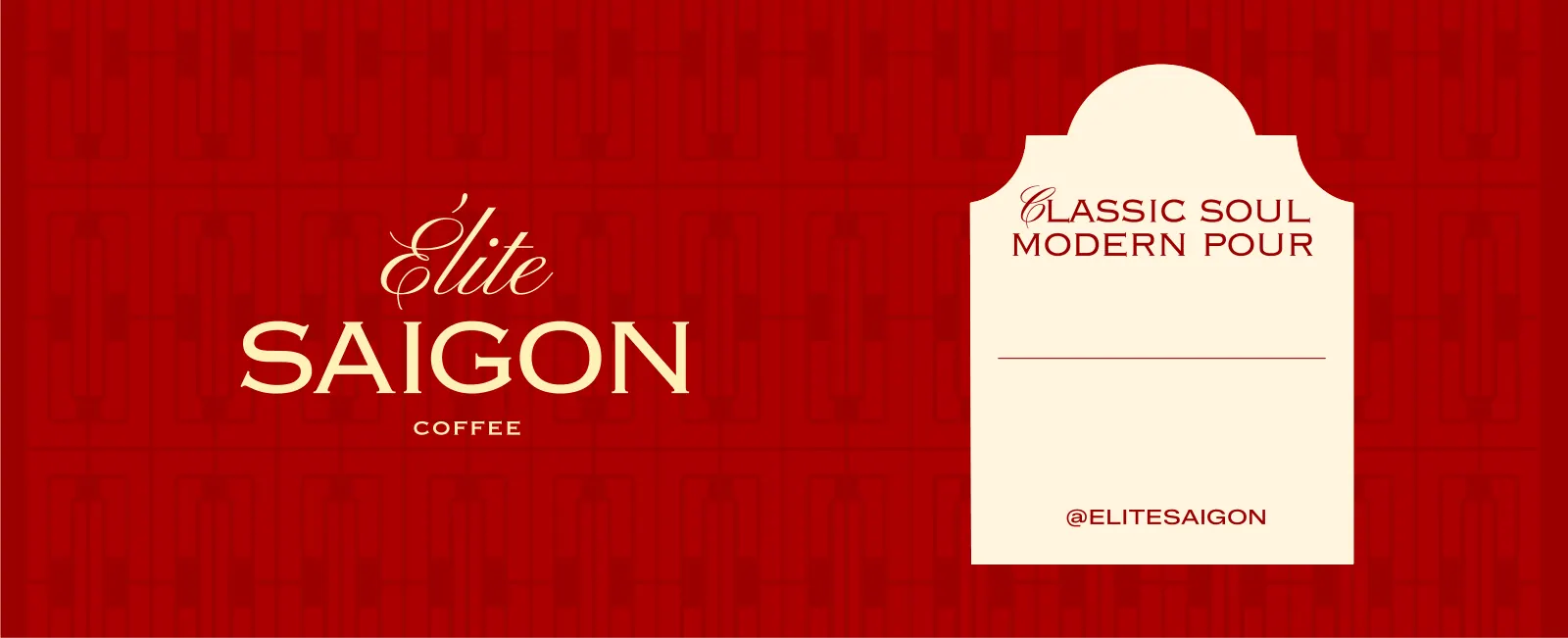 Takeaway cup artwork: Élite Saigon Coffee on a red lattice with an arched cream label