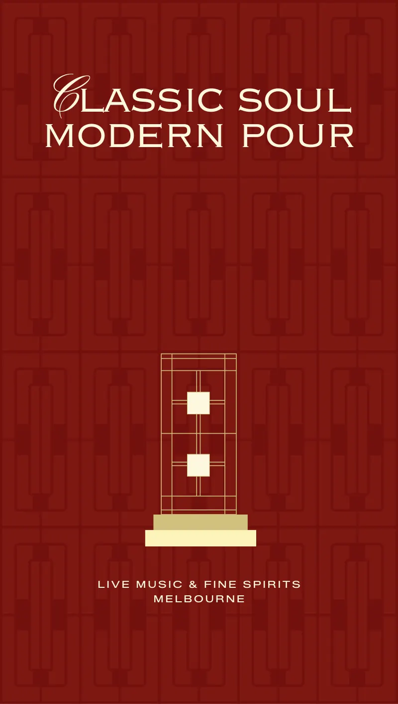 Lounge menu cover: 'Classic soul, modern pour' over a red lattice with a deco lantern
