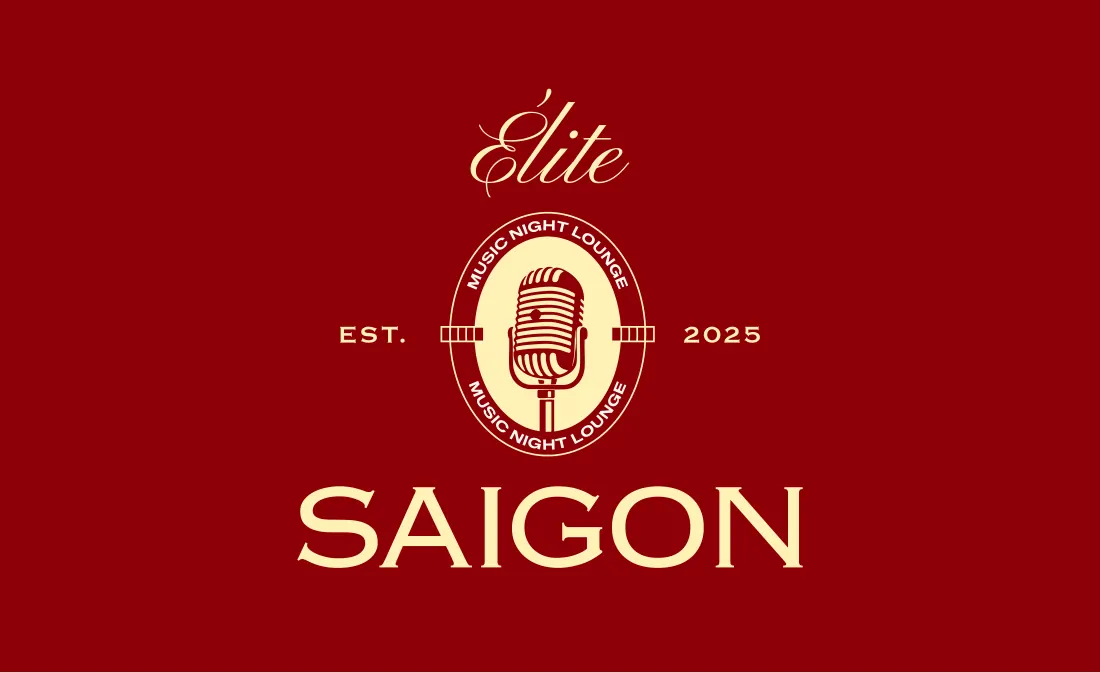 Red namecard with the Élite Saigon mic badge and wordmark