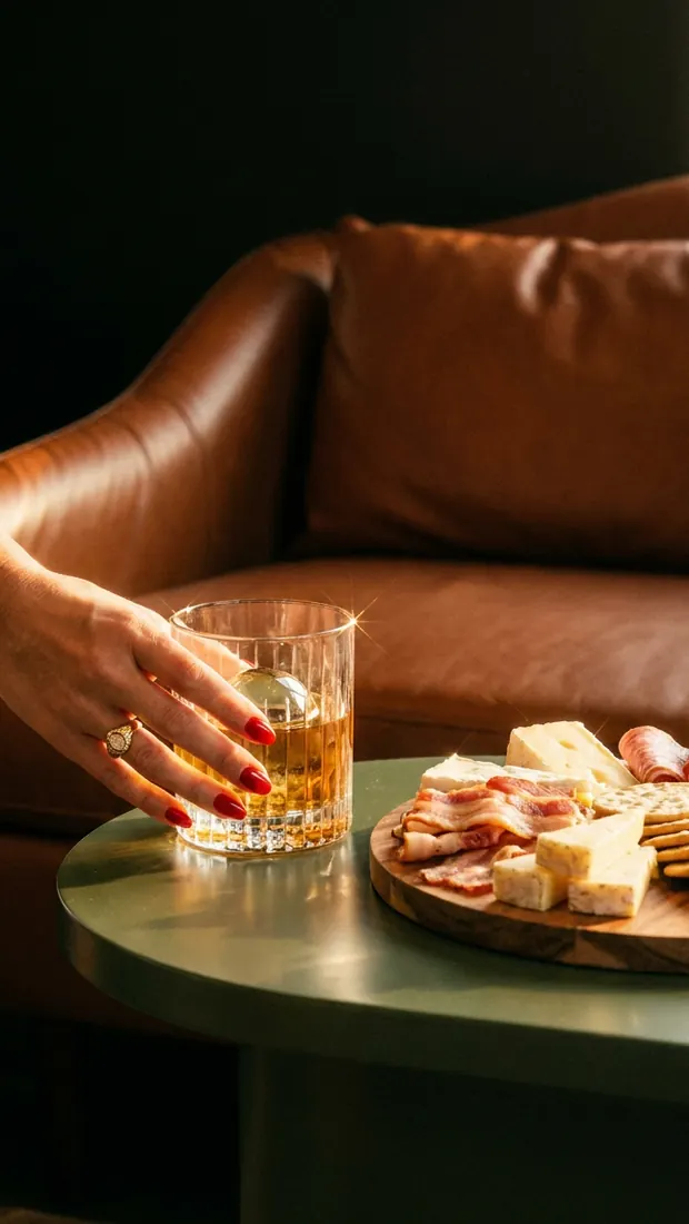Whisky on the rocks beside a charcuterie board on a sage lounge table