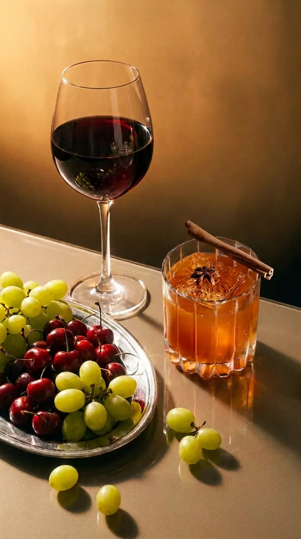 Red wine and a spiced old fashioned beside cherries and grapes